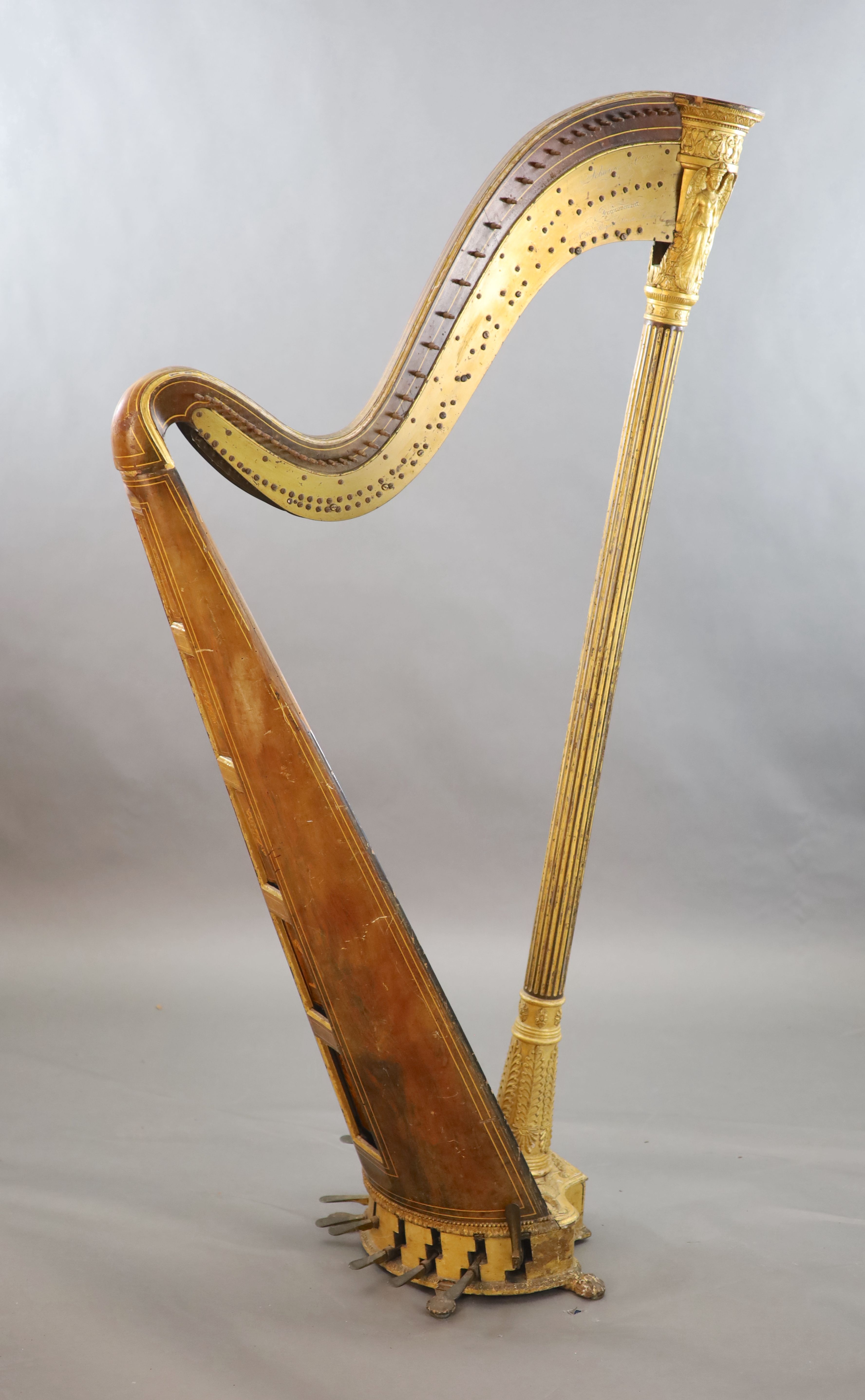 A mid 19th century J.Schwieso giltwood, satinwood and rosewood concert harp, W.2ft 9in. H.5ft 7in.